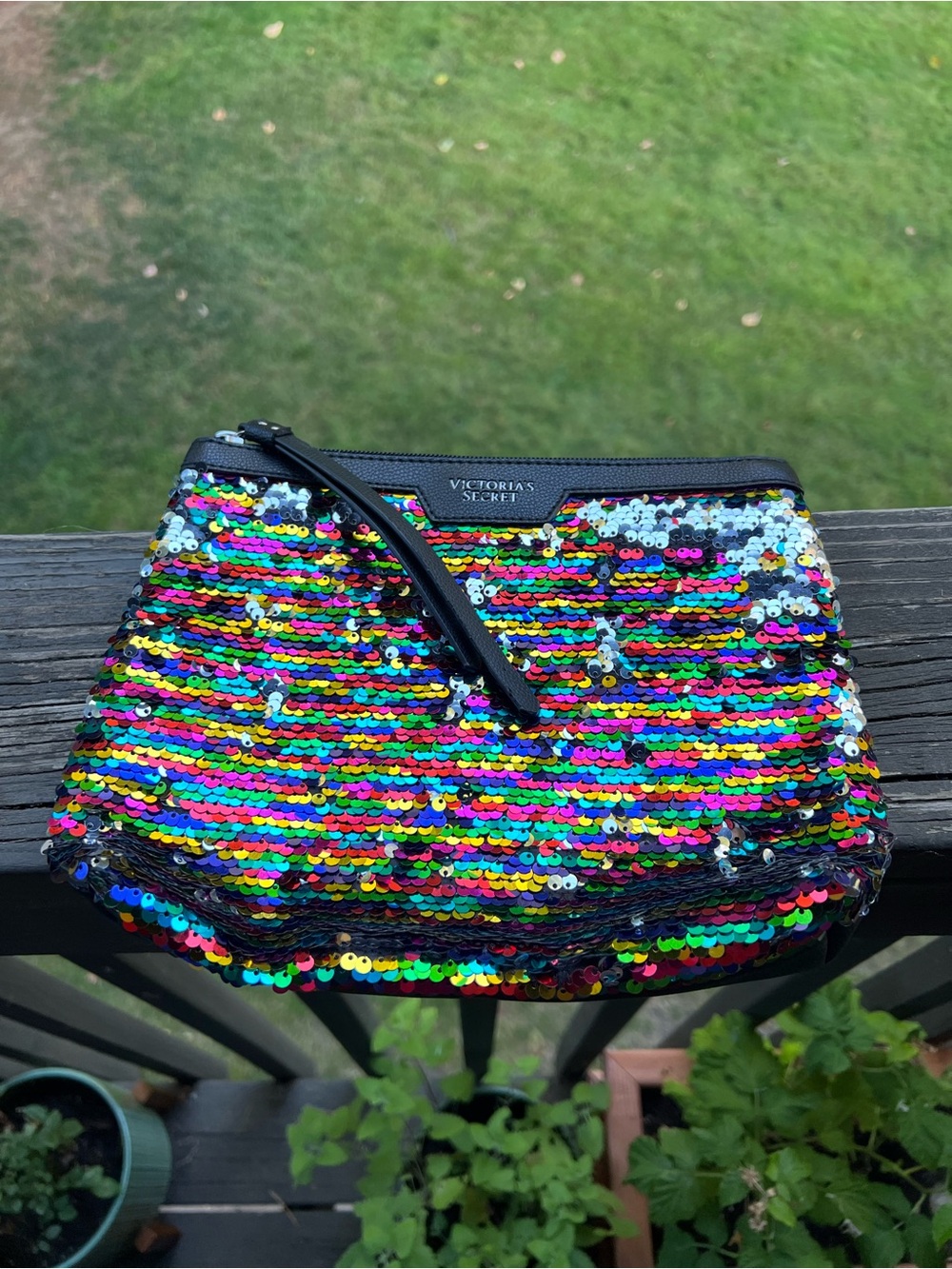 Victoria's Secret Rainbow Sequin Cosmetic Pouch with Black Trim